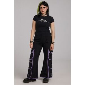 Vintage Y2K MacGirl Cargo Pants Flare Zip Black Purple Size 11 Rave Streetwear